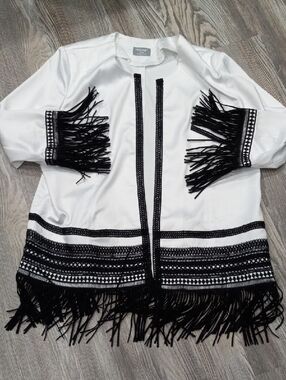 Massys Women's White Fringe Open-Front Embroidered Blazer Jacket